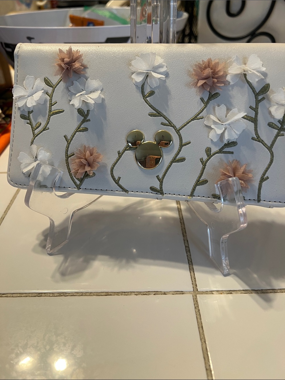 Disney White Floral Appliqué Wallet with Blush Flowers and Gold Mickey Accent
